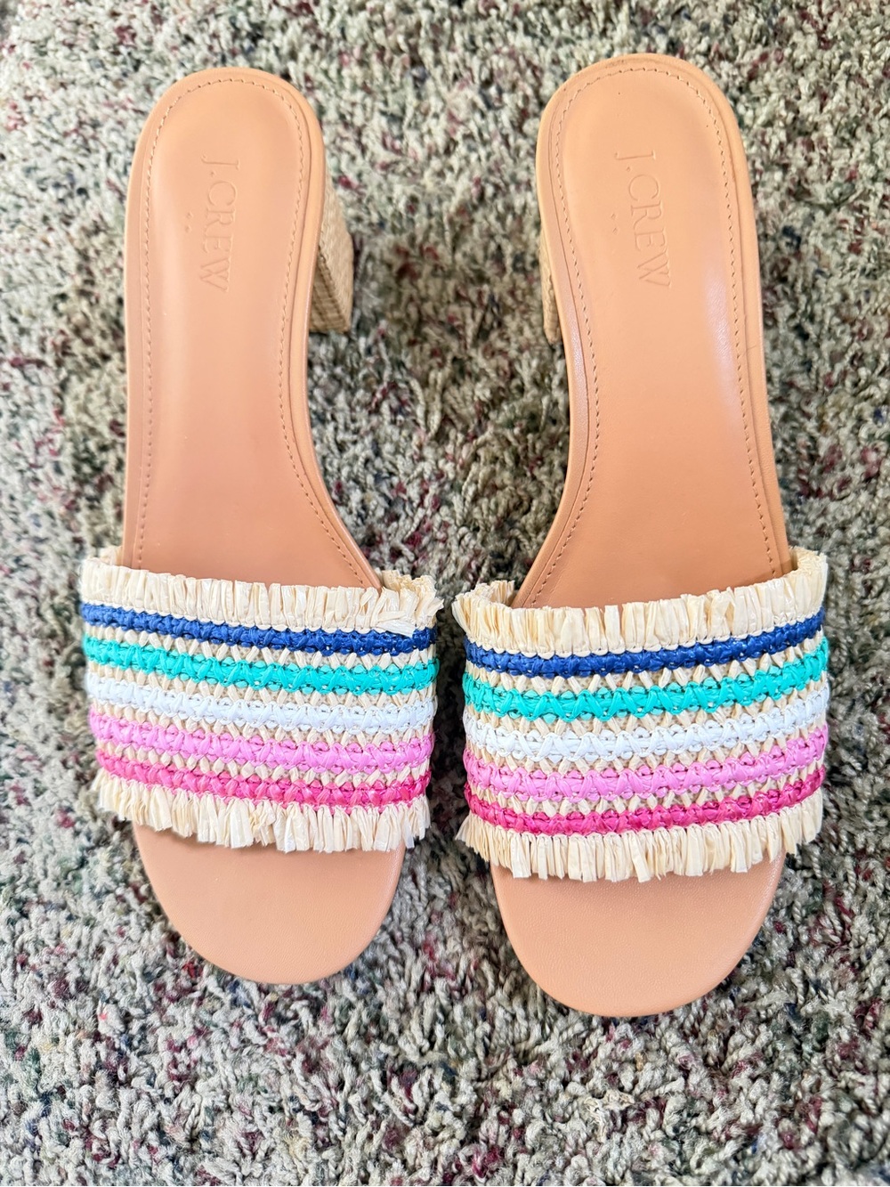 J. Crew Tan Slide Mules with Multicolor Woven Straps